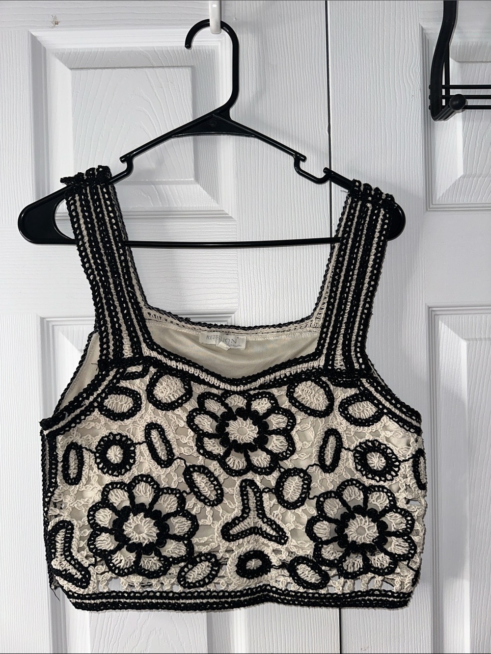 Rebellion Black & Cream Floral Crochet Lace Crop Tank